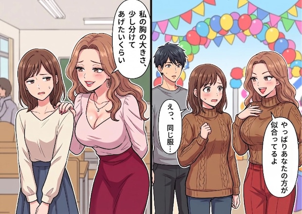 「胸の大きさ分けてあげた～いw」スレンダー体型をバカにしてくる友人。文化祭でイケメンと仲良くなったら嫉妬され⇒「このニット、私だとパツパツで伸びちゃうw」同じ服でマウントを取ってきて・・・