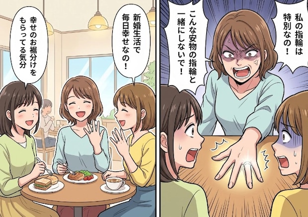 「あれ、2人の結婚指輪同じブランドじゃない？」友人たちに伝えた一言でまさかの修羅場に！？⇒「私の指輪は特別なの！こんな安物と一緒にするな！」とプライドの高い友人が大激怒して・・・