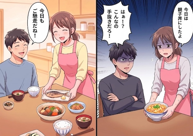 まるで旅館!?新婚生活で毎日何品もの手料理を振る舞う妻。ある日、忙しくて“親子丼”をササっと作って出すと⇒「おい!手抜きしてんじゃねえよ!」夫に大激怒されてしまい・・・