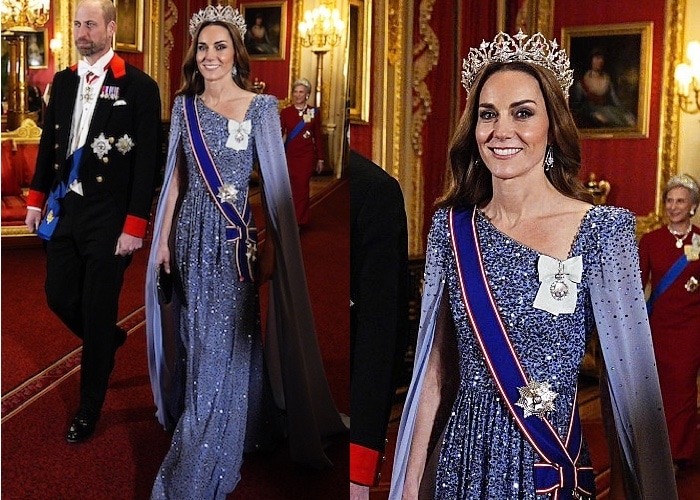 英・キャサリン皇太子妃、2600個ものダイヤモンドがきらめく華麗なティアラを冠し、晩餐会に登場